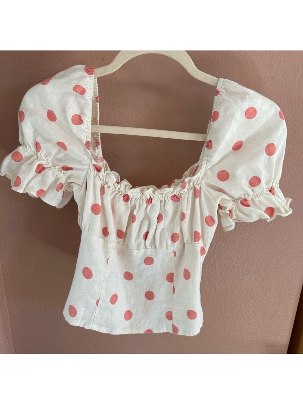 Reformation Linen Polka Dot Puff Sleeve Top in Andie Pink and White Size 0
